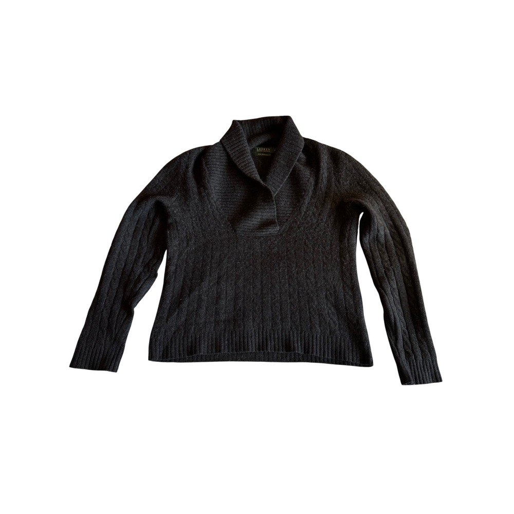Lauren Ralph Lauren 100% Cashmere Shawl Collar Cable Knit Sweater Crop Womens M